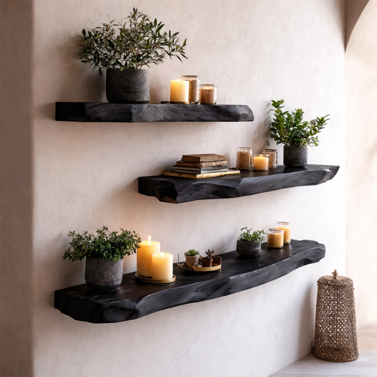 Japandi style floating shelves featuring natural slab silhouette and smooth black tone finish