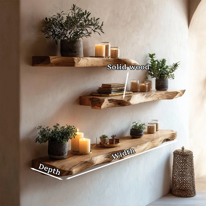 Rustic modern long floating shelves displaying natural edge detail and warm oak tone finish