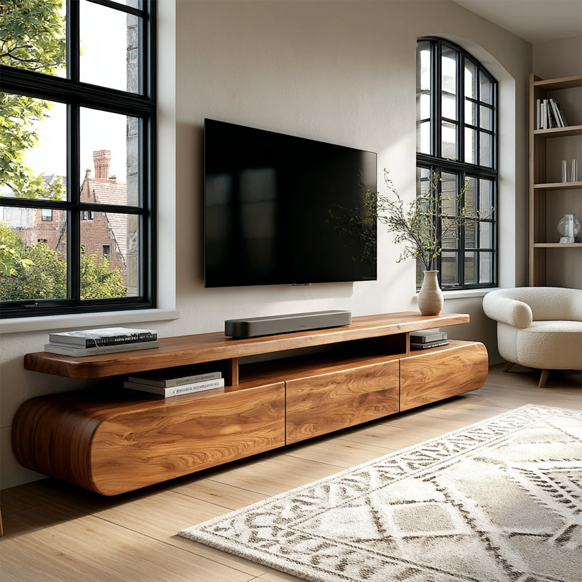Low profile TV console with soundbar shelf and natural wood finish in modern living room