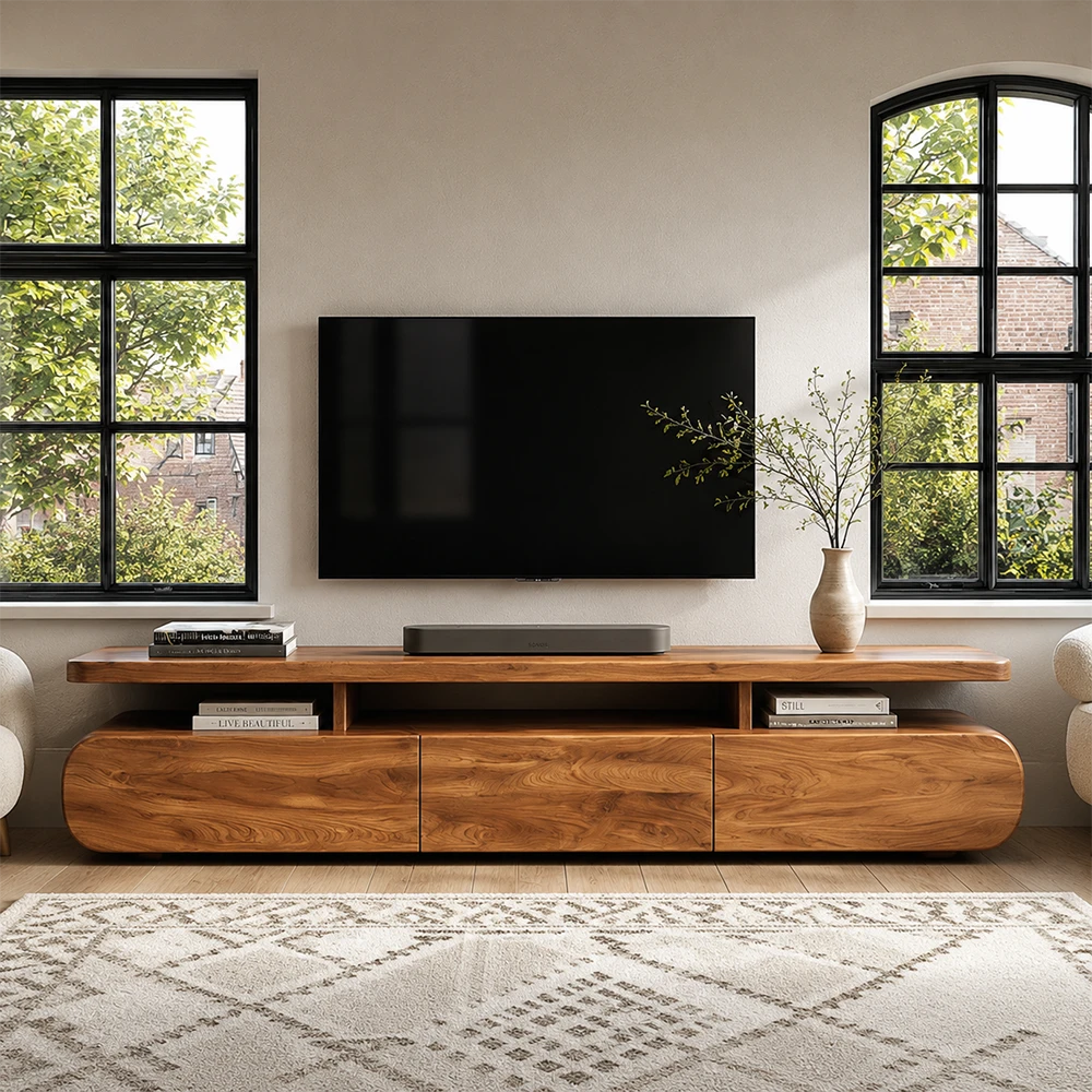 Wooden TV stand with a television mounted on a wall in a room with large windows.