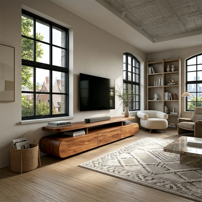 Modern entertainment setup featuring long TV unit with open shelf for sound system