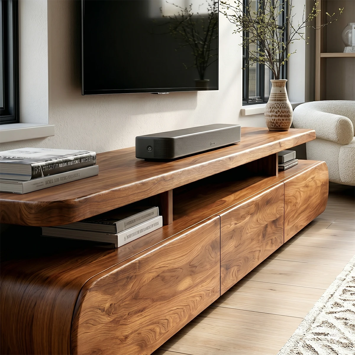 Wide TV cabinet with integrated shelf and natural wood look in bright contemporary space