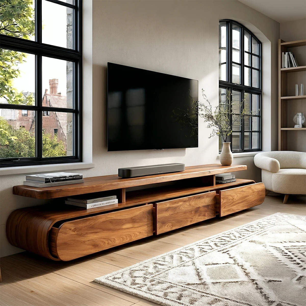 Living room scene with sleek TV console and open compartment for media devices