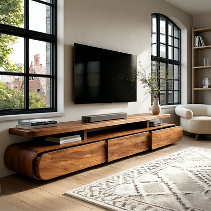 Living room scene with sleek TV console and open compartment for media devices