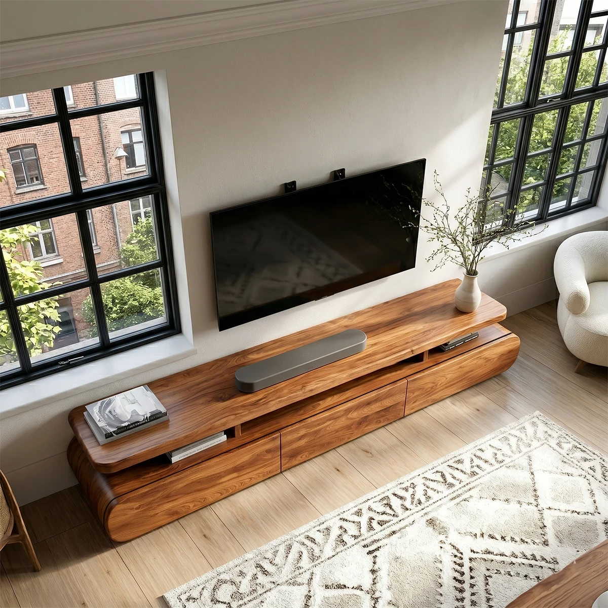 Minimalist TV unit with extended top and storage base in natural wood appearance