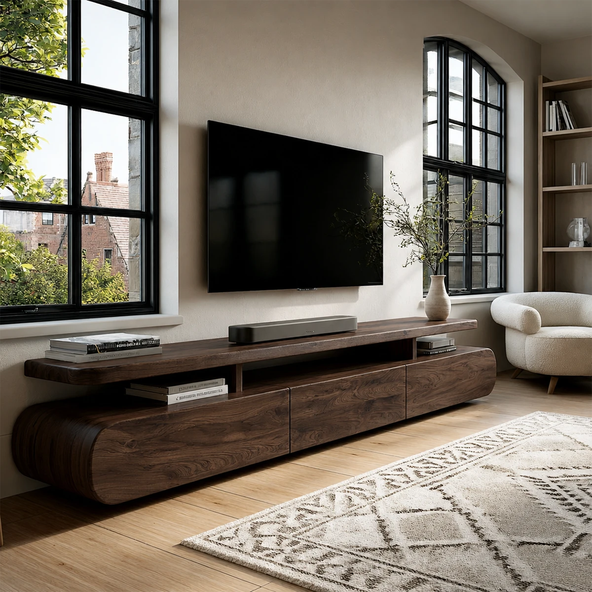 Clean modern interior with long media console and open shelf for electronics