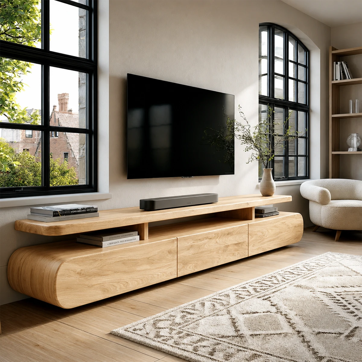 Contemporary home featuring low TV cabinet with functional storage and display space