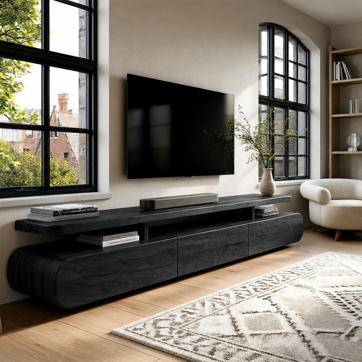Stylish TV furniture with soundbar placement shelf and smooth wood finish design