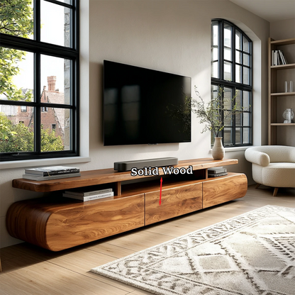Bright room with elongated TV stand offering storage and open media display section