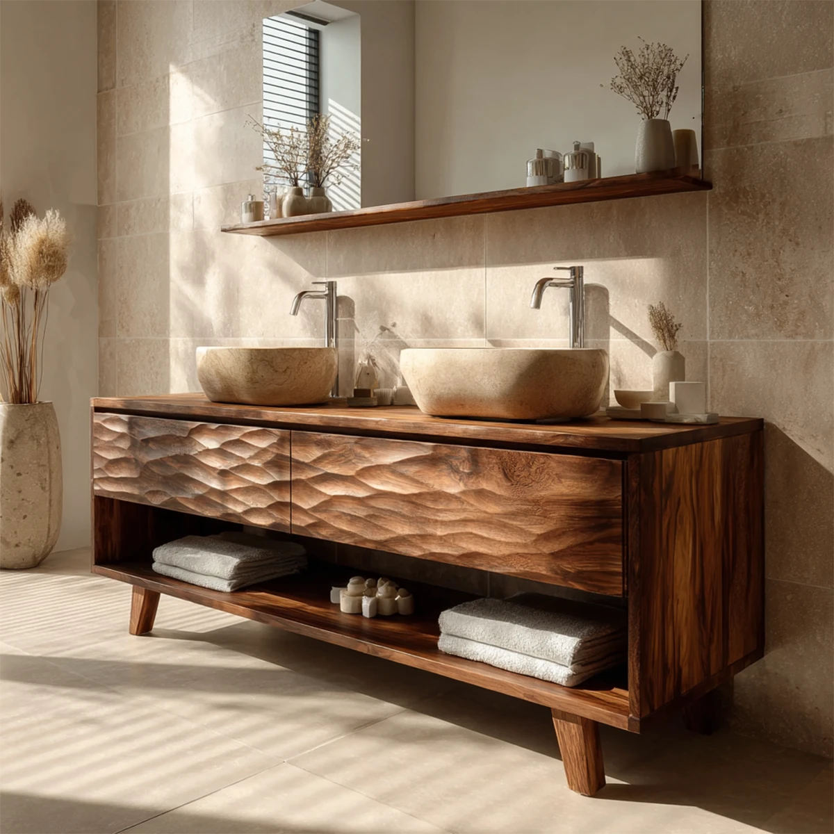 Mediterranean teak double bathroom vanity with handcarved wave front
