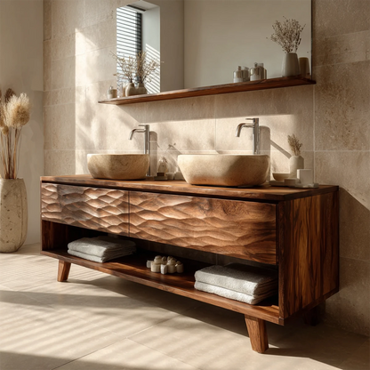 Mediterranean teak double bathroom vanity with handcarved wave front