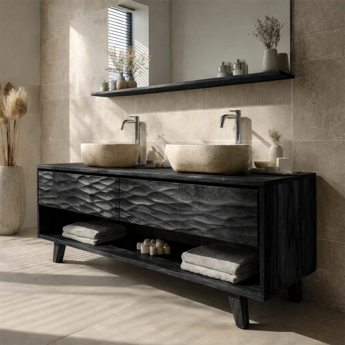 Mediterranean teak bathroom vanity with dual stone vessel basins