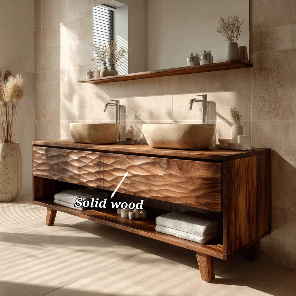 Rustic teak double bathroom vanity with open storage compartment