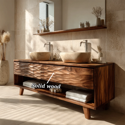 Rustic teak double bathroom vanity with open storage compartment
