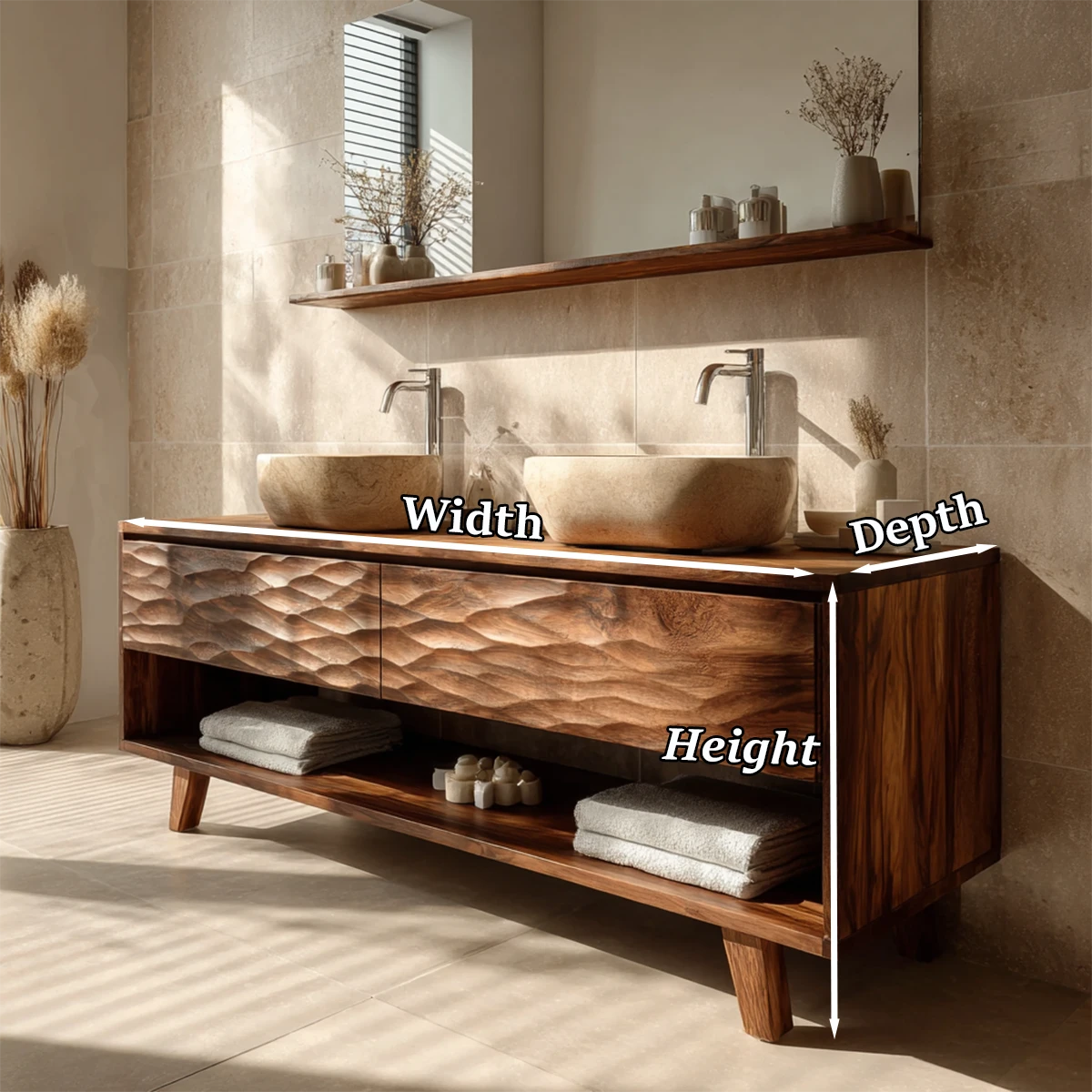 Warm teak double bathroom vanity with sculpted wave cabinet design