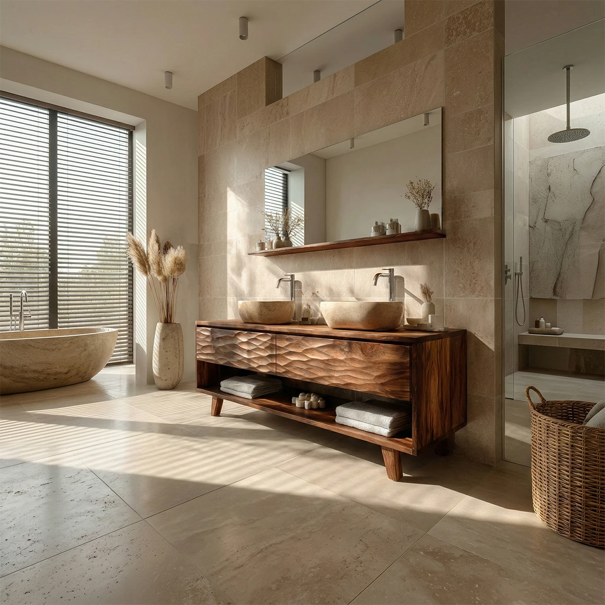 Natural teak double bathroom vanity with stone vessel sinks