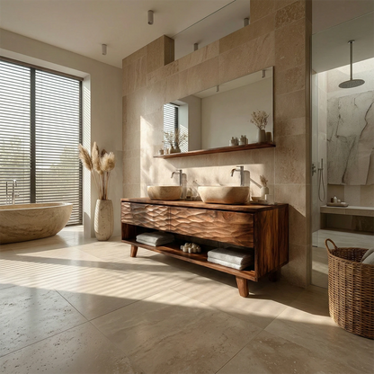 Natural teak double bathroom vanity with stone vessel sinks