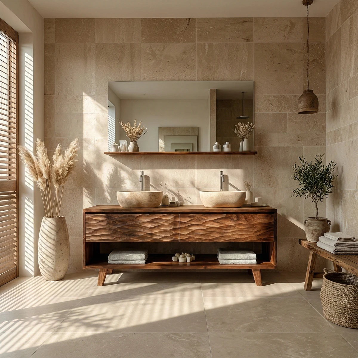 Mediterranean style teak double bathroom vanity with carved wood texture