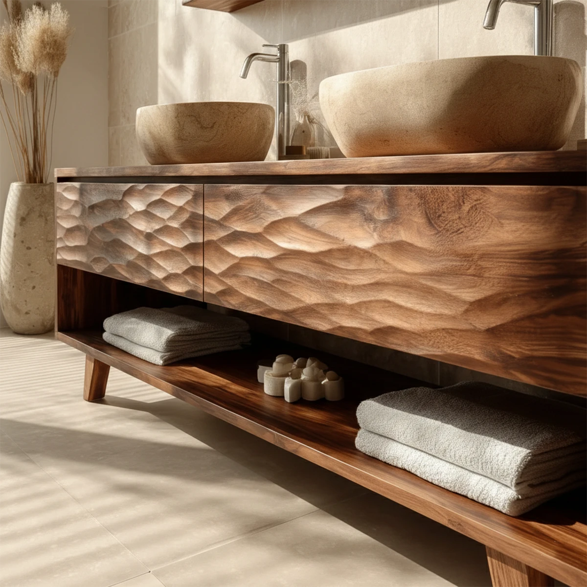 Solid teak double bathroom vanity with open towel storage shelf