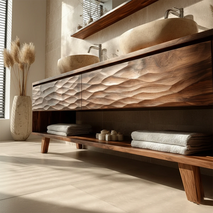 Elegant teak double bathroom vanity with sculpted wooden cabinet doors