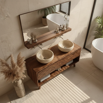 Luxury teak double bathroom vanity with natural stone bowl sinks