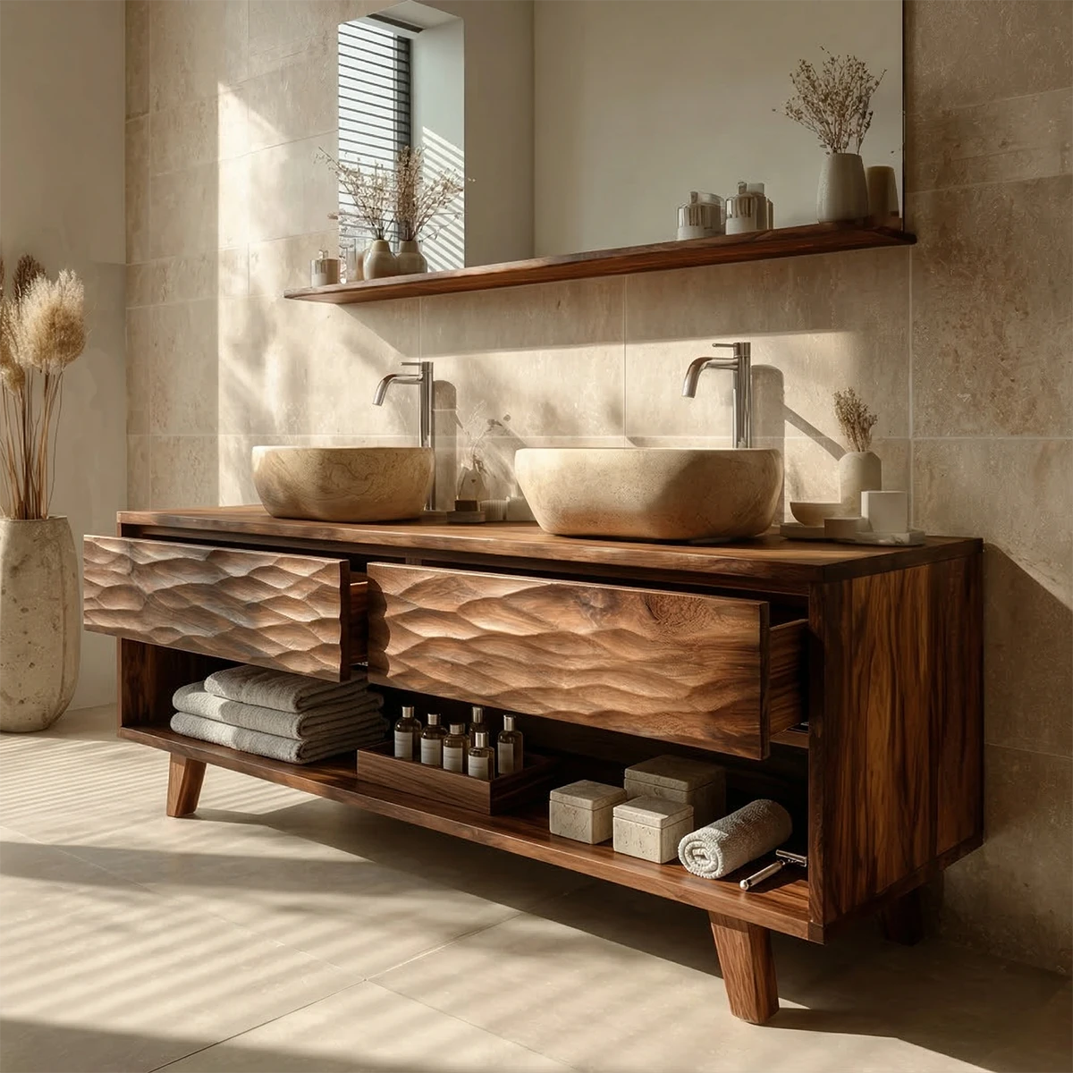 Designer teak double bathroom vanity with textured carved front