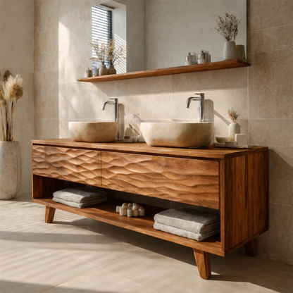 Contemporary teak double bathroom vanity with handcrafted wood details
