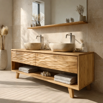 Premium teak double bathroom vanity with organic carved wood pattern