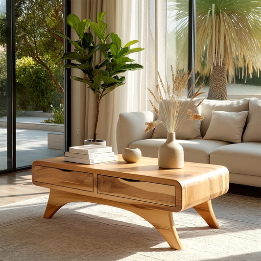 Mid century coffee table with storage drawers and tapered legs for modern living room styling