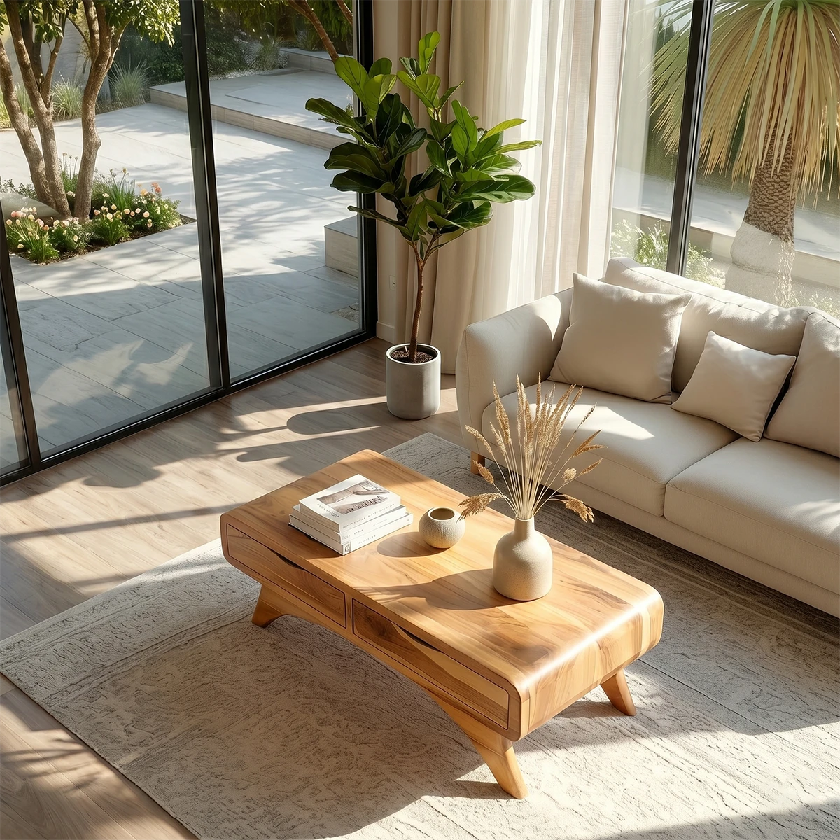 Living room coffee table with compact storage drawers and sleek modern profile