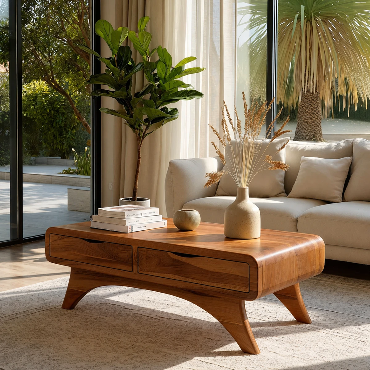 Functional coffee table with drawer storage and angled legs for modern interiors