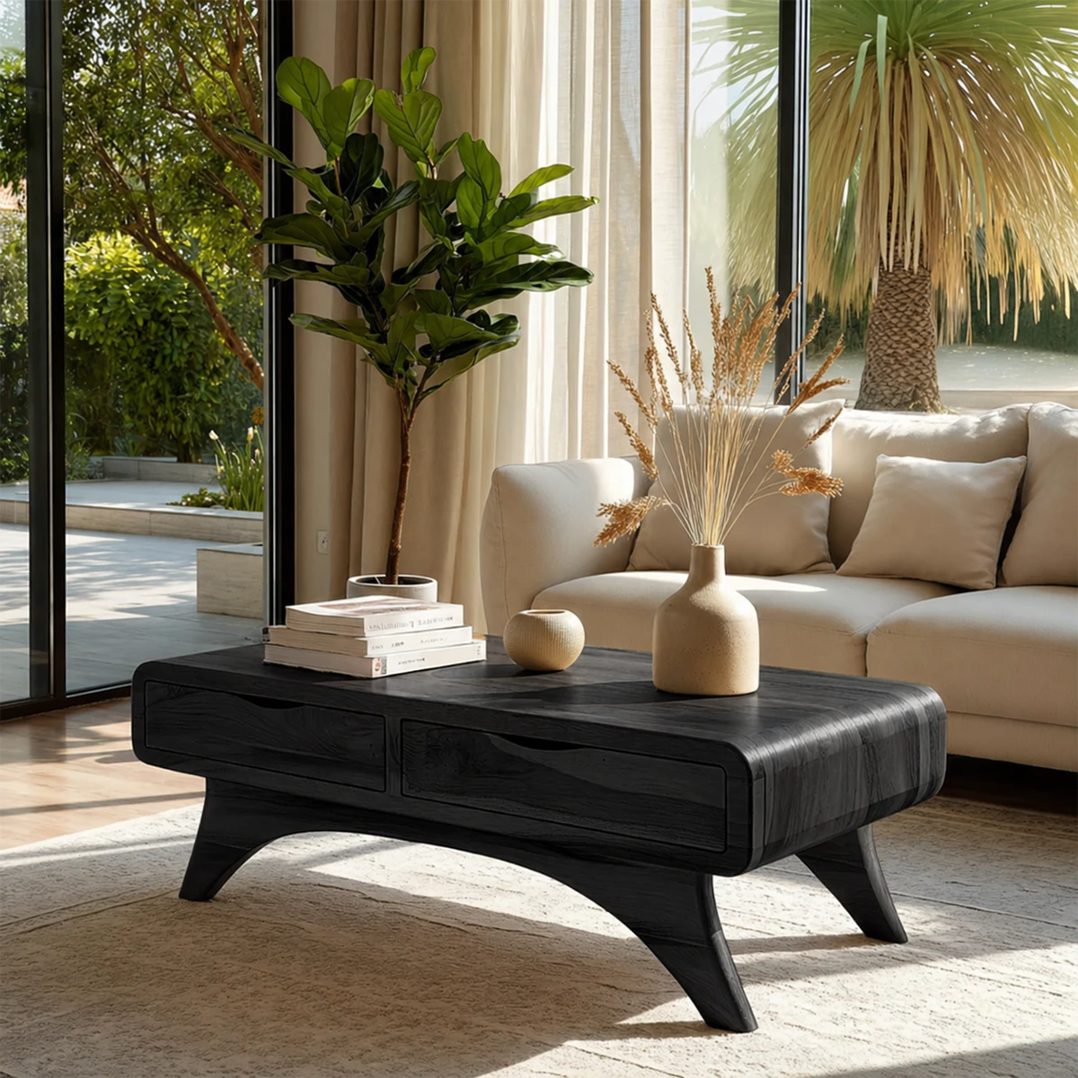 Compact coffee table with storage and elevated base for light and airy interiors