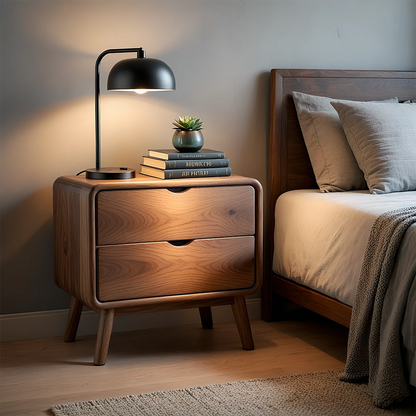 Mid century modern nightstand featuring rounded edges and smooth walnut tone finish bedside décor