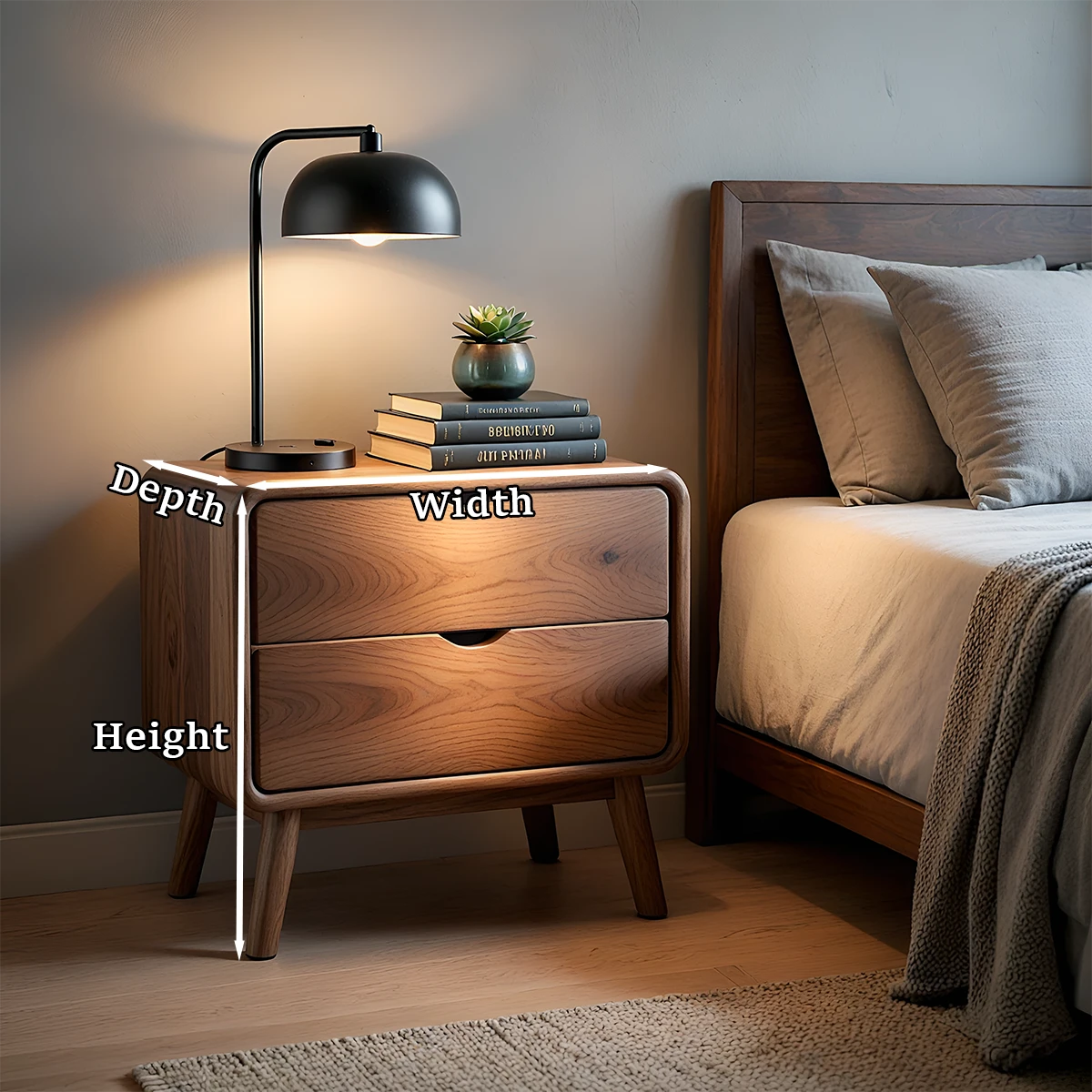 Classic modern nightstand designed for bedroom décor with warm walnut tone finish detail