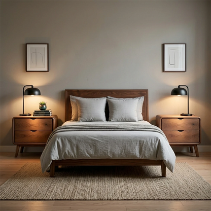 Compact bedside table with two drawer storage and refined walnut tone finish for modern bedroom