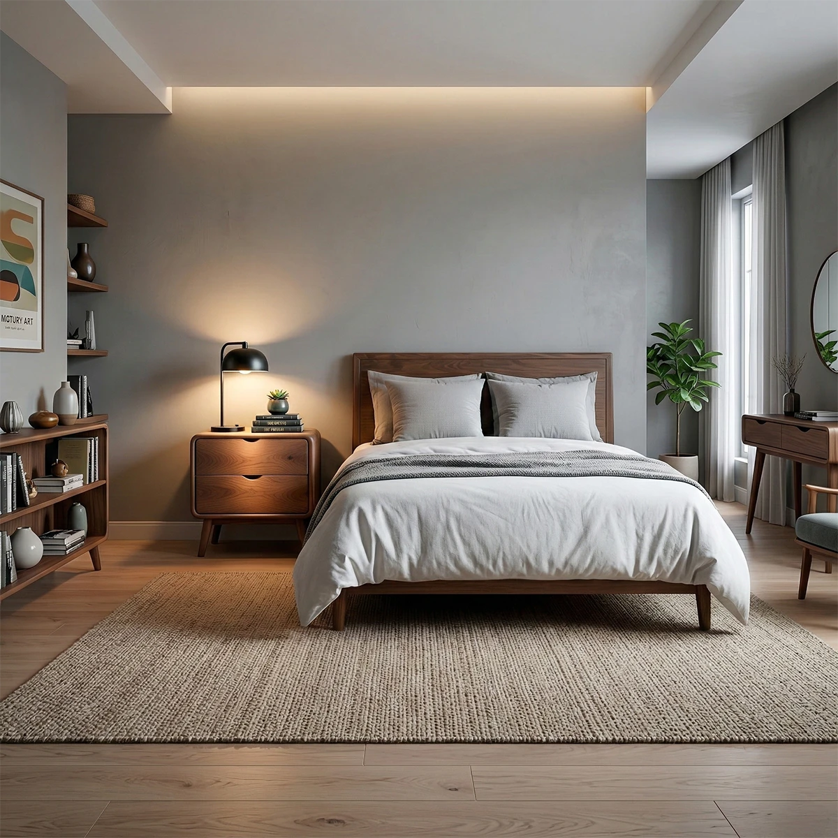 Minimalist bedroom nightstand designed with curved corners and elegant walnut tone finish detail