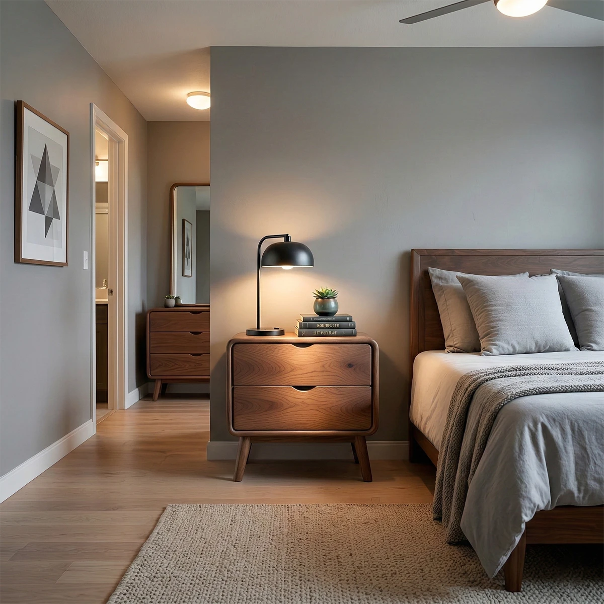 Contemporary bedside cabinet showcasing clean lines and warm walnut tone finish appearance