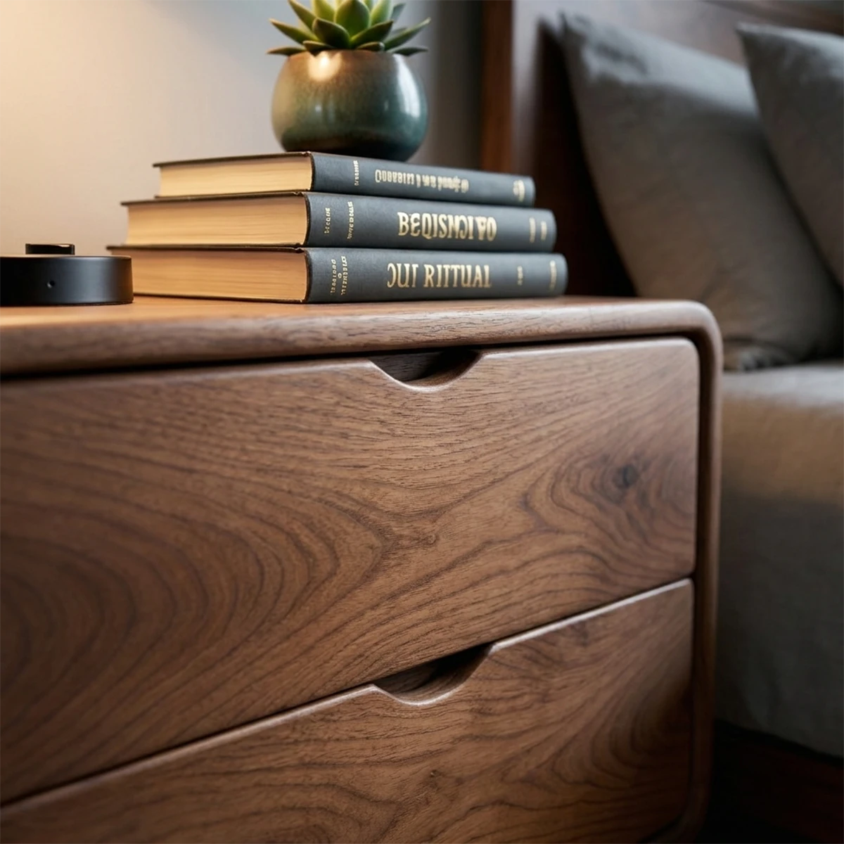 Stylish modern nightstand with sleek drawer fronts and polished walnut tone finish surface