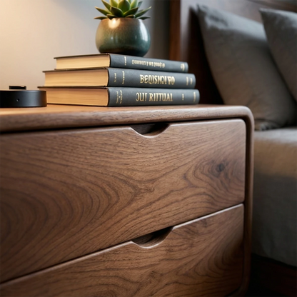 Stylish modern nightstand with sleek drawer fronts and polished walnut tone finish surface