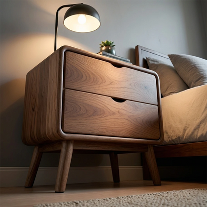 Functional bedside storage table featuring simple silhouette and smooth walnut tone finish