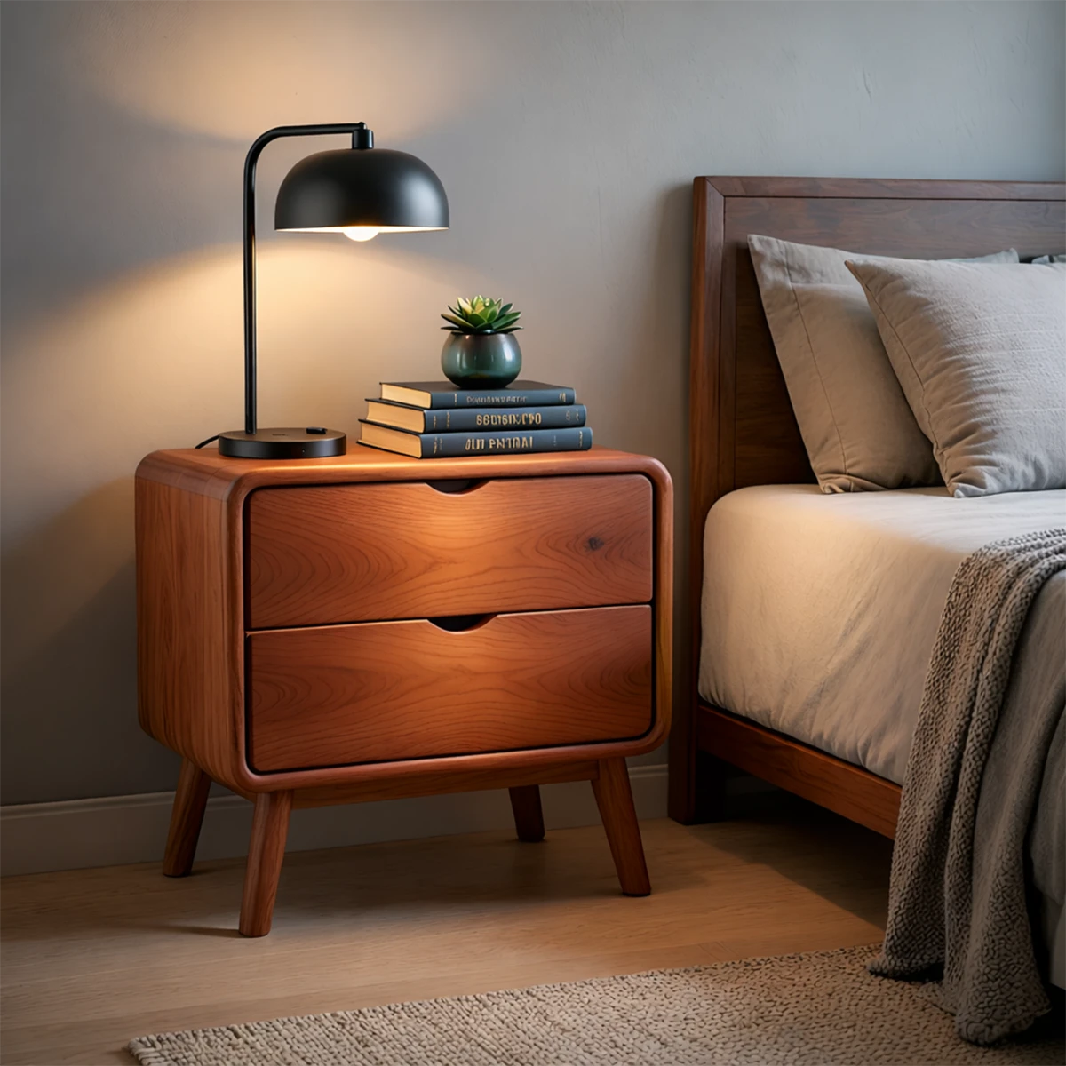 Elegant bedroom side table designed with modern profile and rich brown tone finish detail