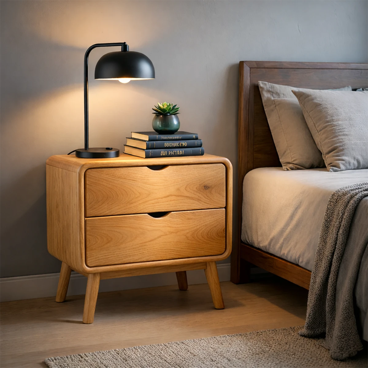 Modern bedside unit with two spacious drawers and refined oak tone finish style
