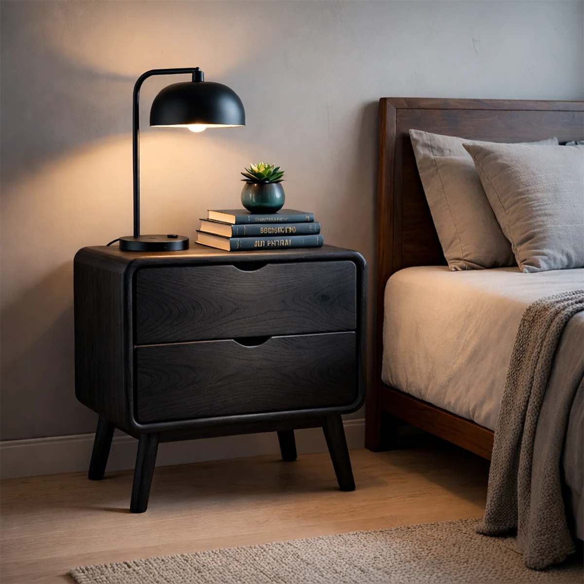 Scandinavian inspired nightstand featuring soft curves and smooth black tone finish surface