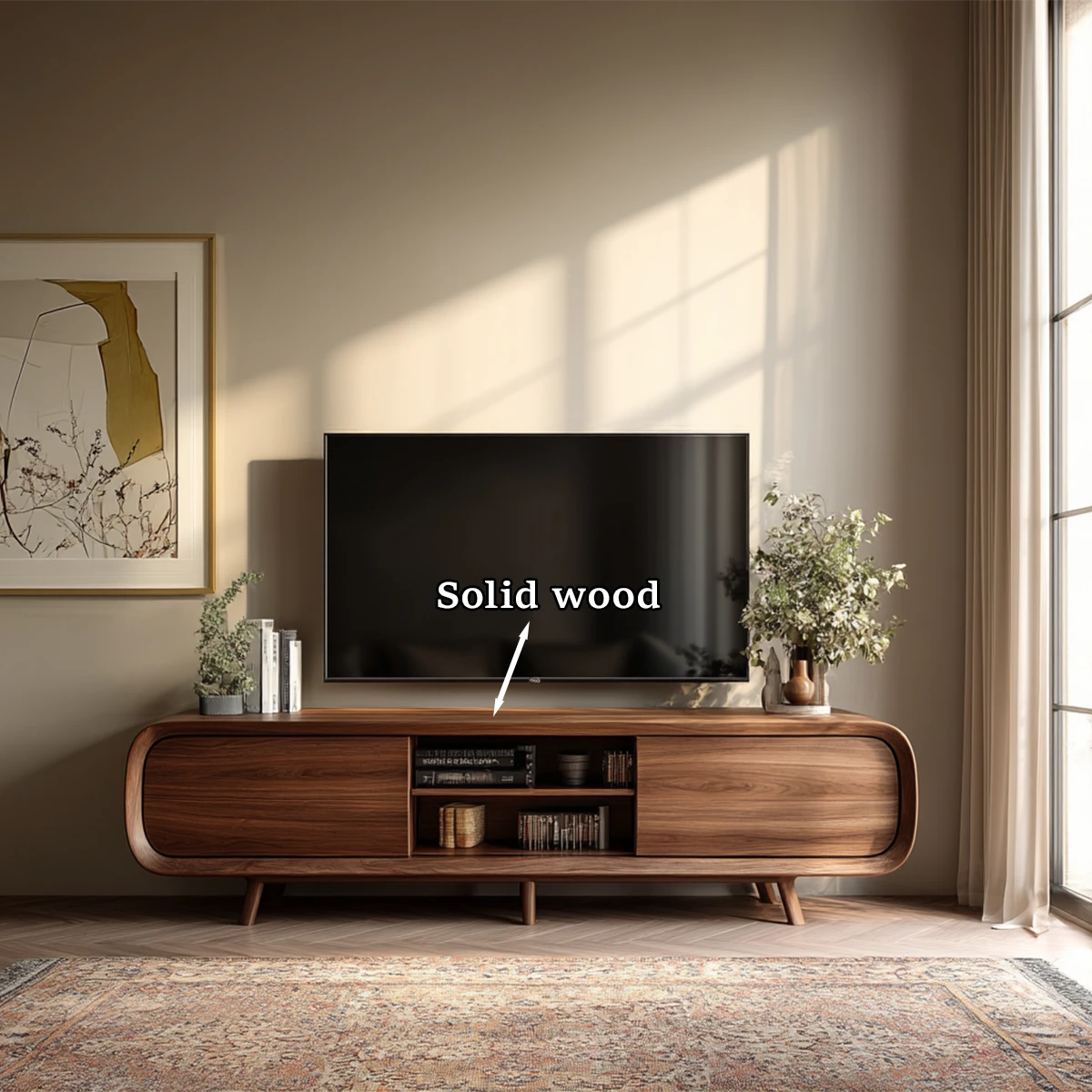 A wooden media console with rounded edges and open shelving enhances a cozy modern space