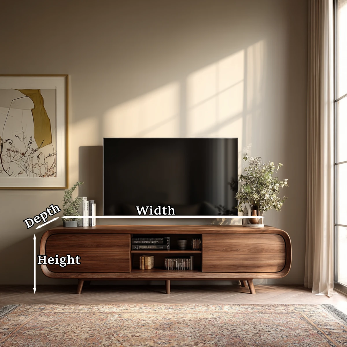 Modern TV stand with smooth curved design and storage compartments delivers both style and function