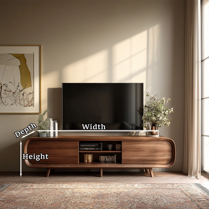 Modern TV stand with smooth curved design and storage compartments delivers both style and function