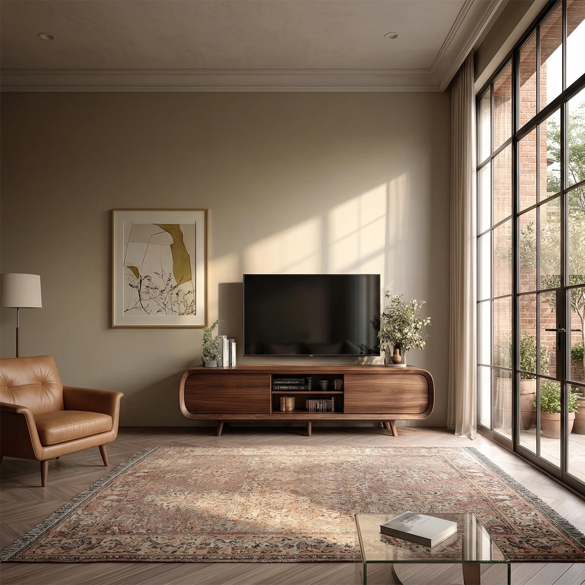 A solid wood media console with rounded sides and open shelving enhances modern interior styling