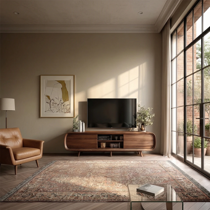 A solid wood media console with rounded sides and open shelving enhances modern interior styling