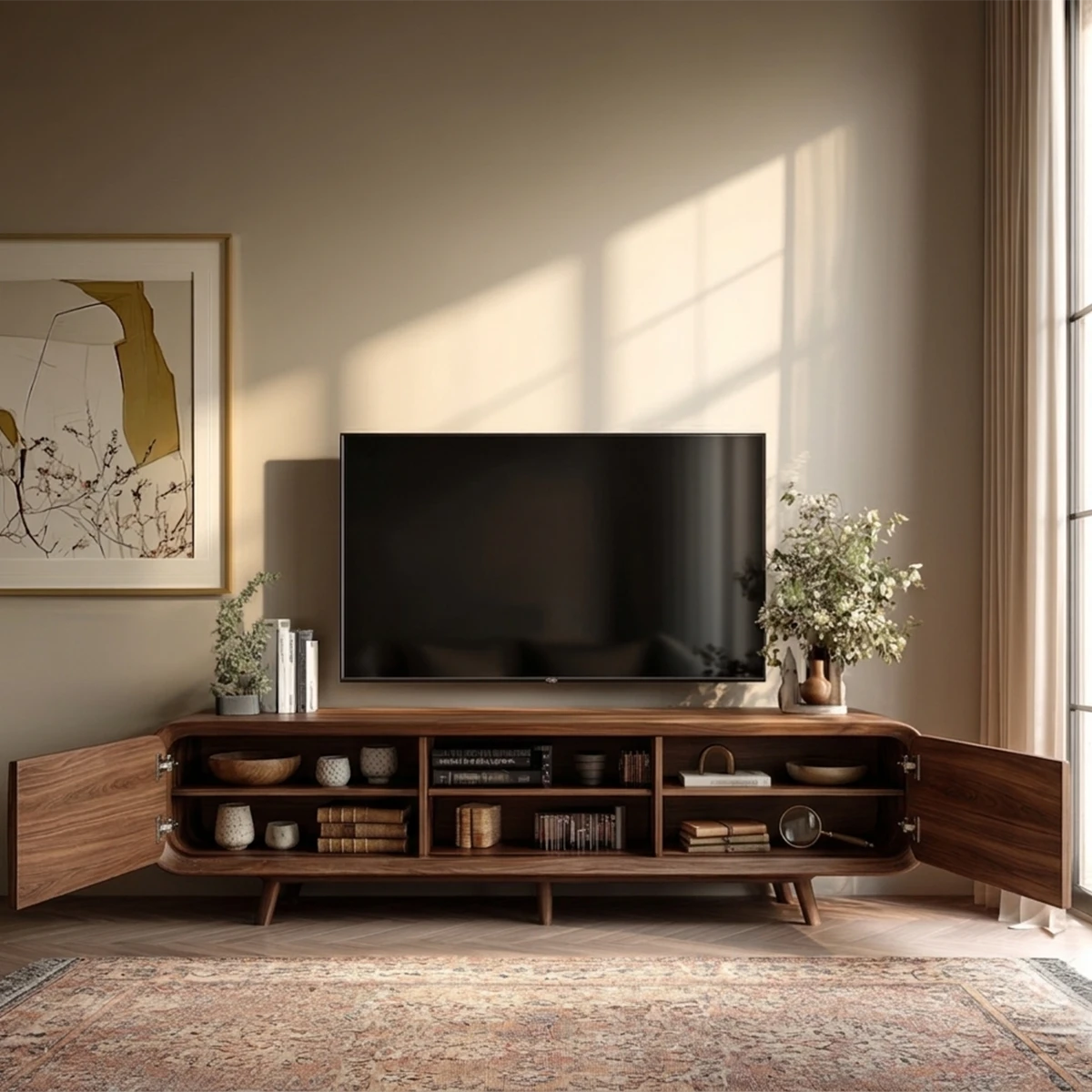 This modern TV stand features smooth curved edges and storage space for a clean elegant look