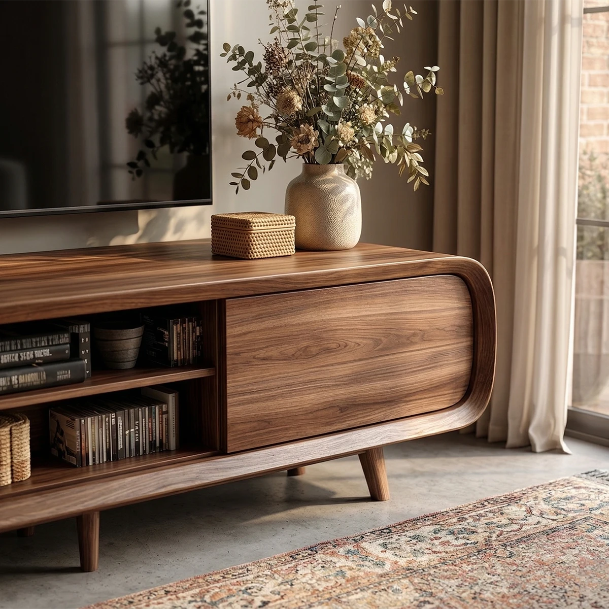 In a sunlit room, a curved media console adds storage and natural warmth to contemporary décor